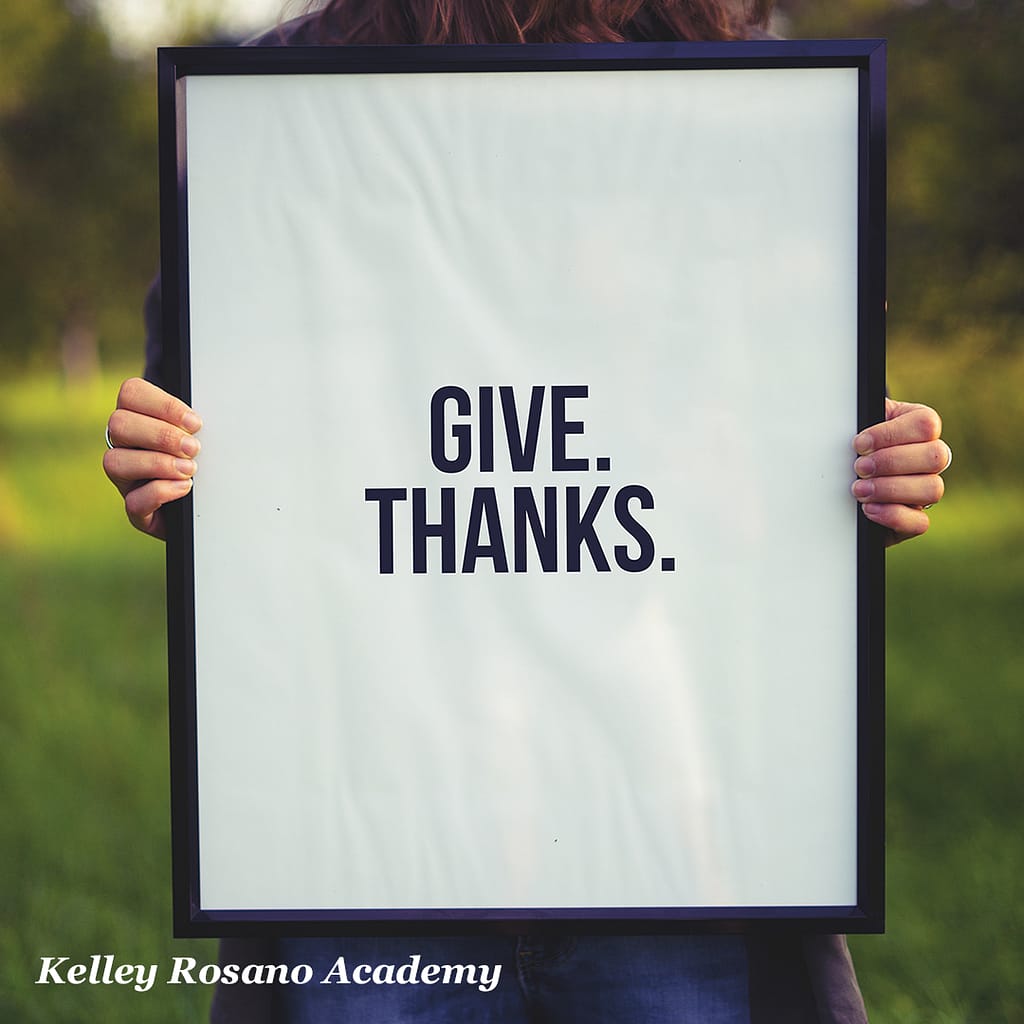 Person holding framed sign reading Give Thanks