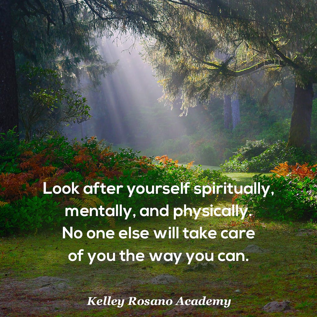 Sunlit forest with self-care quote