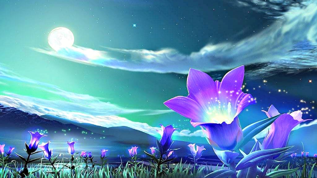 Glowing purple flowers under a moonlit sky