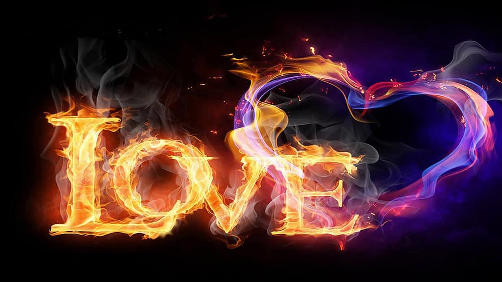 Fiery LOVE text with flaming heart