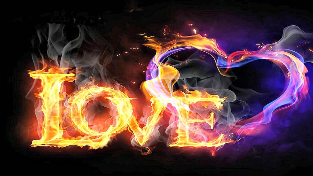 Flaming love text with colorful fire heart