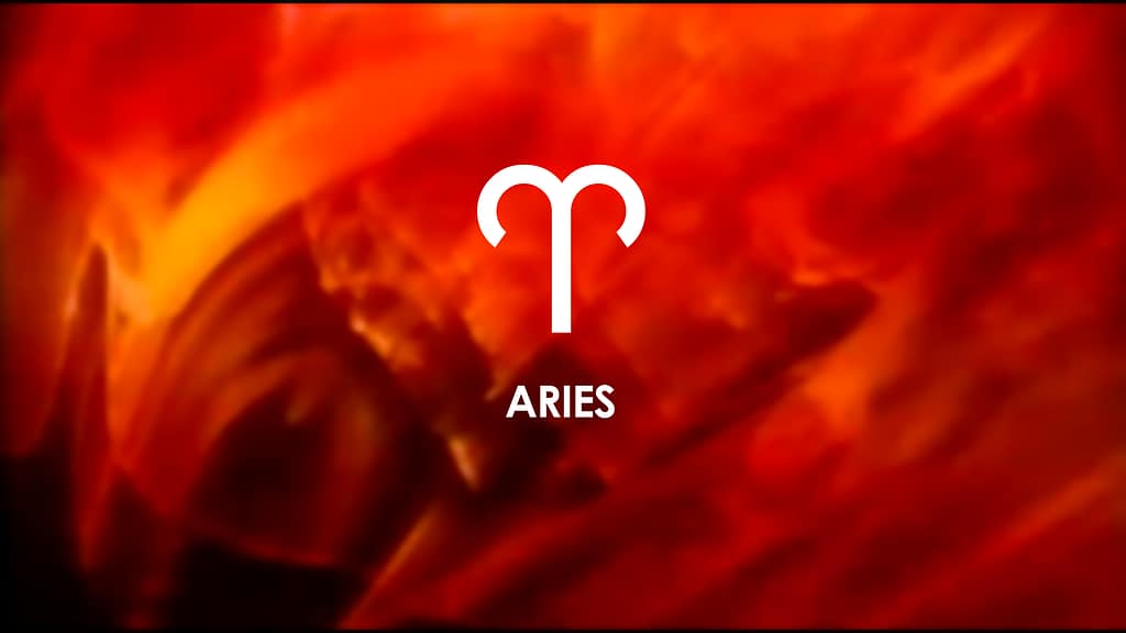 Aries zodiac symbol on fiery red background