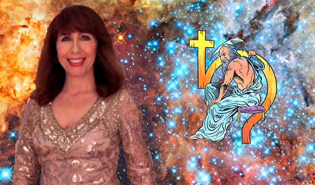Smiling woman with cosmic Aquarius zodiac symbol