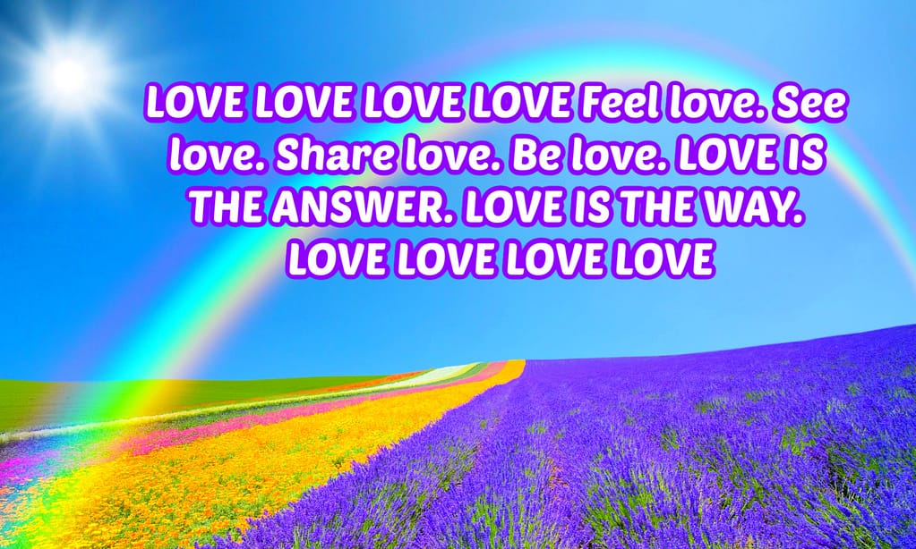 Rainbow over lavender field with LOVE text
