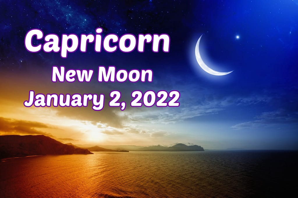 Capricorn new moon over ocean at sunset