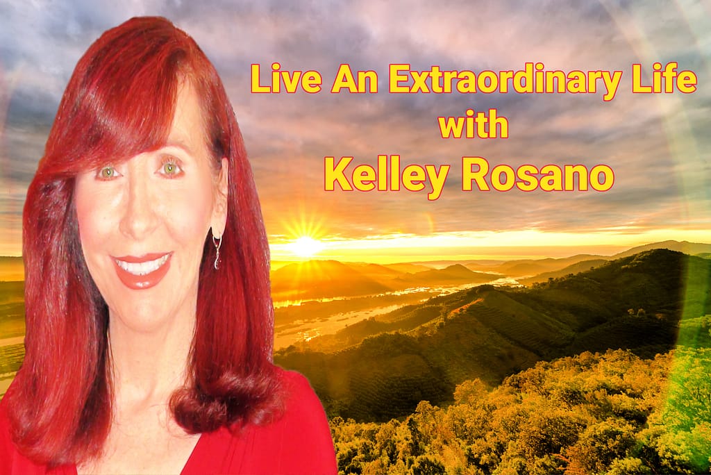 Smiling red-haired woman with sunrise landscape