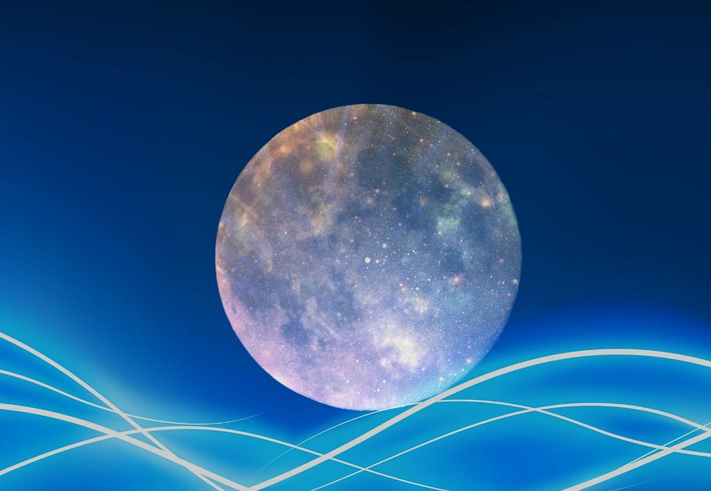 Full moon over abstract neon blue waves