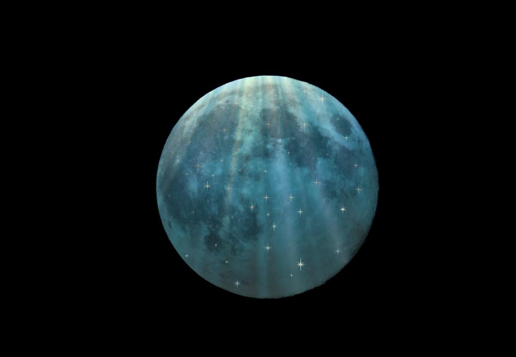 Blue planet with shimmering stars and light rays