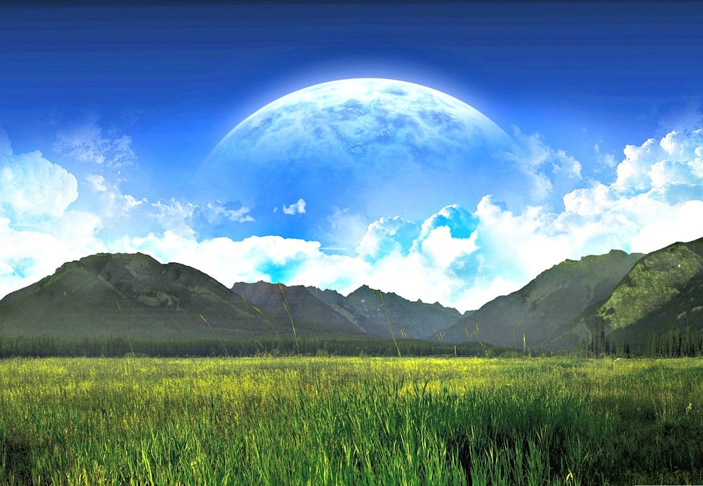 Lush green meadow under mountains and giant moon