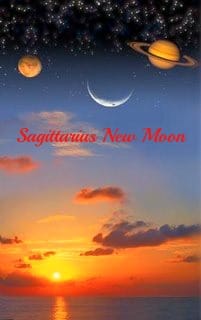 Sagittarius New Moon over sunset ocean with planets