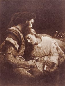 Sepia-toned knight comforting woman resting on shoulder