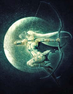 Female archer drawing bow in front of moon