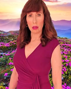 Woman in magenta dress in flower field