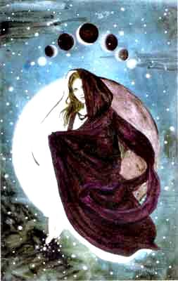 Cloaked woman with moon phases overhead