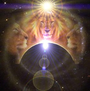 Three lion heads with radiant sunburst eclipse