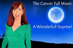 Smiling woman in green dress by full moon