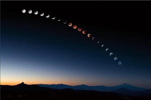 Lunar eclipse sequence over mountain silhouettes