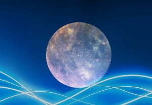 Full moon over abstract neon blue waves