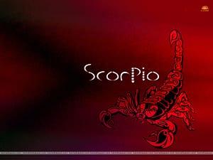 Red scorpion illustration with Scorpio text