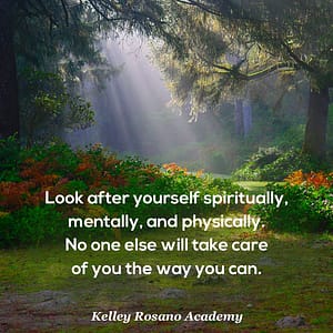 Sunlit forest with self-care quote