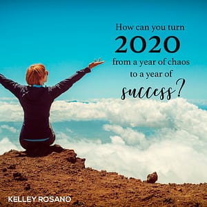 Person on cliff above clouds beside 2020 text