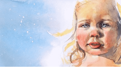 Close-up watercolor portrait of young child
