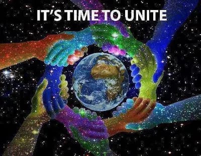 Multicolored hands encircle Earth, call for unity