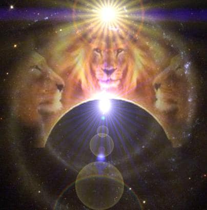 Three lion heads with radiant sunburst eclipse
