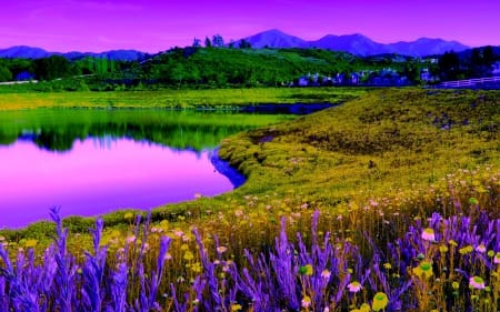 Vibrant purple sky lakeside meadow with wildflowers