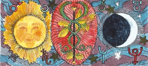 Sun, caduceus and moon with astrological symbols