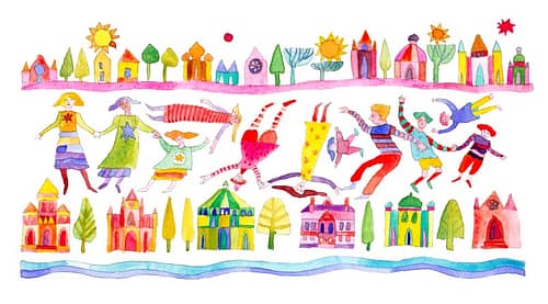 Whimsical watercolor children dancing above colorful town