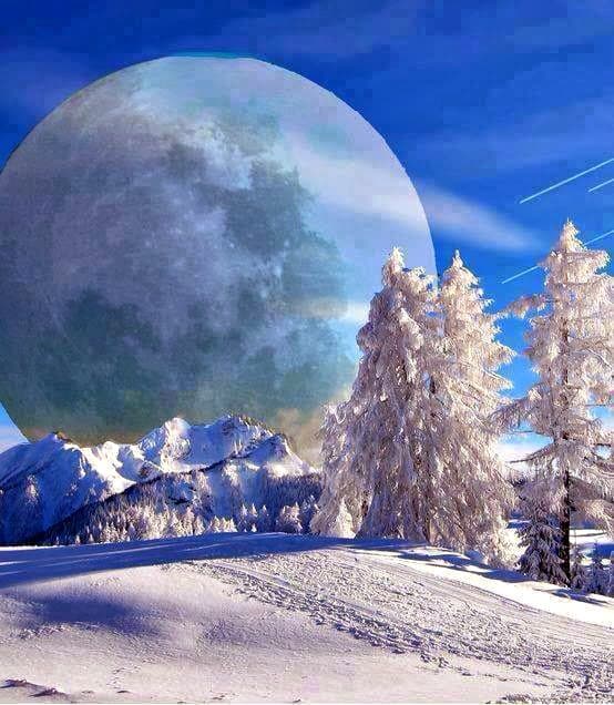 Snowy landscape with giant moon and trees