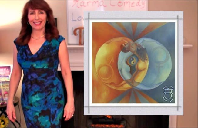 Woman stands beside colorful yin-yang abstract painting