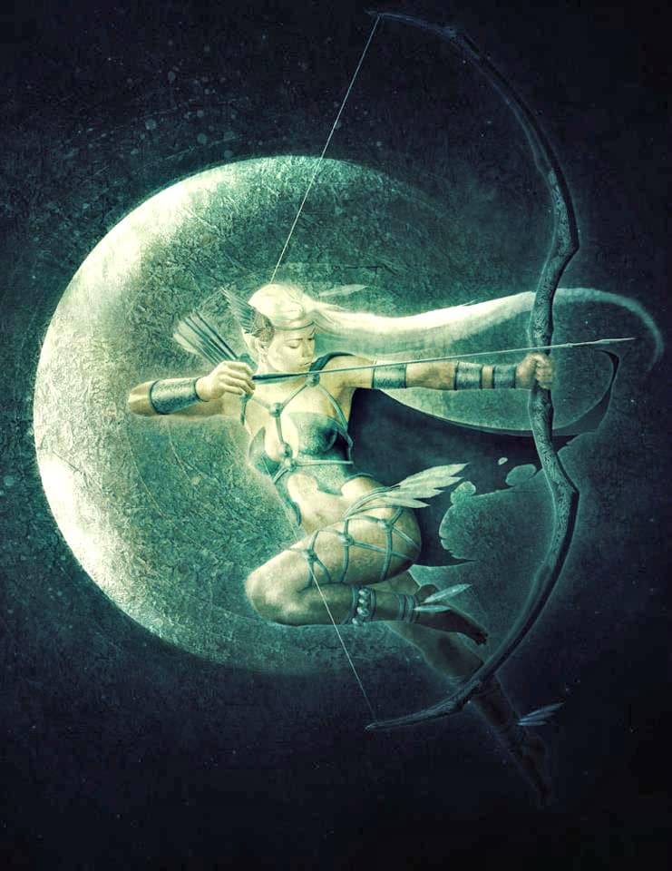 Female archer drawing bow in front of moon