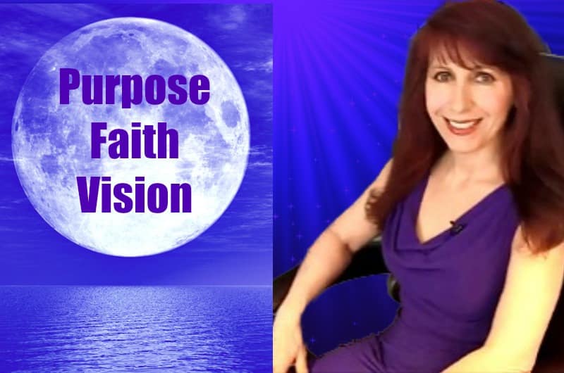 Smiling woman beside moon reading 'Purpose Faith Vision'