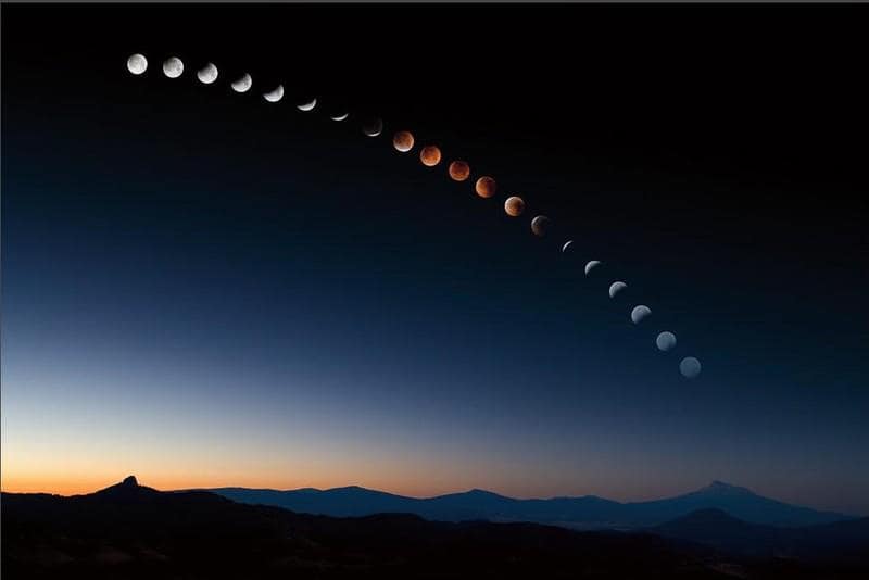 Lunar eclipse sequence over mountain silhouettes