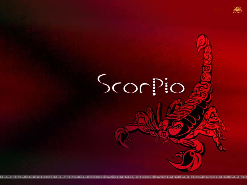 Red scorpion illustration with Scorpio text