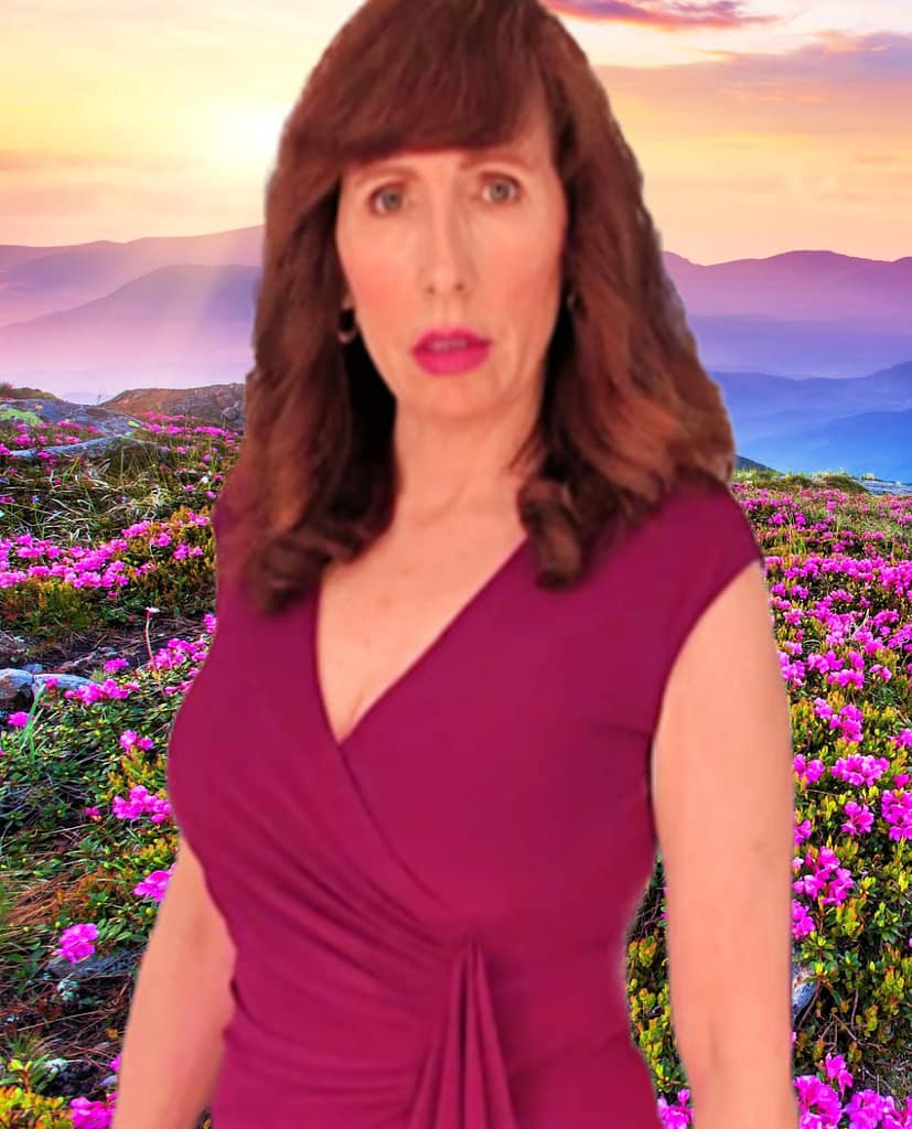 Woman in magenta dress in flower field